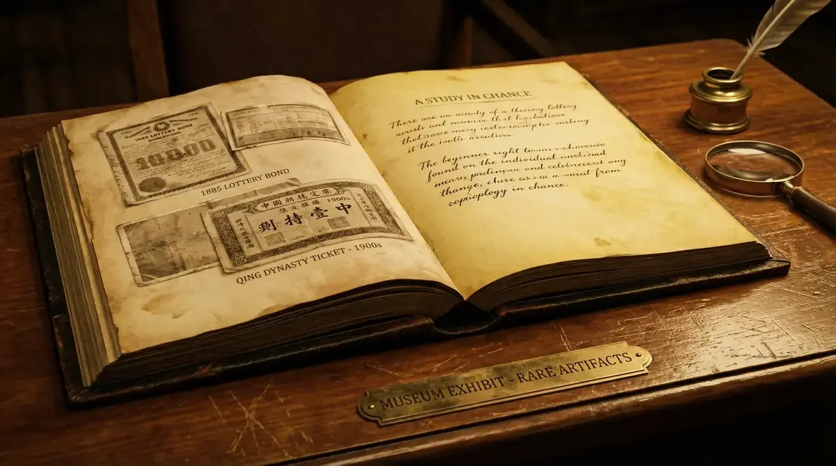 翻开的古籍展示彩票历史照片和手写文字